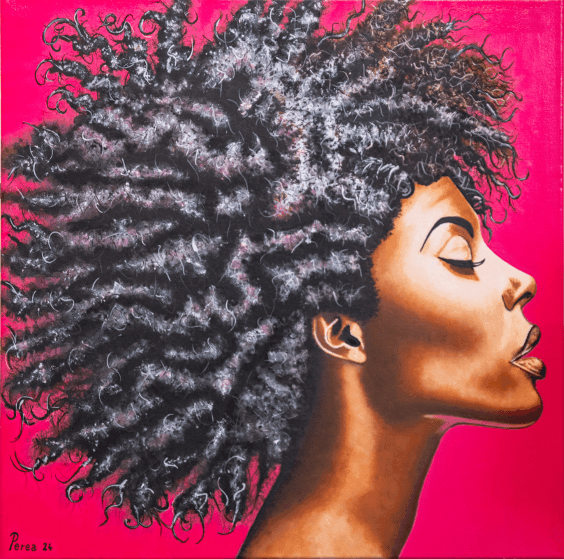 Artistic portrait of a woman with curly black hair on a vibrant pink background, profile view.