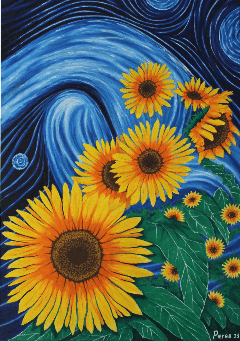 Colorful painting of sunflowers against a swirling night sky.