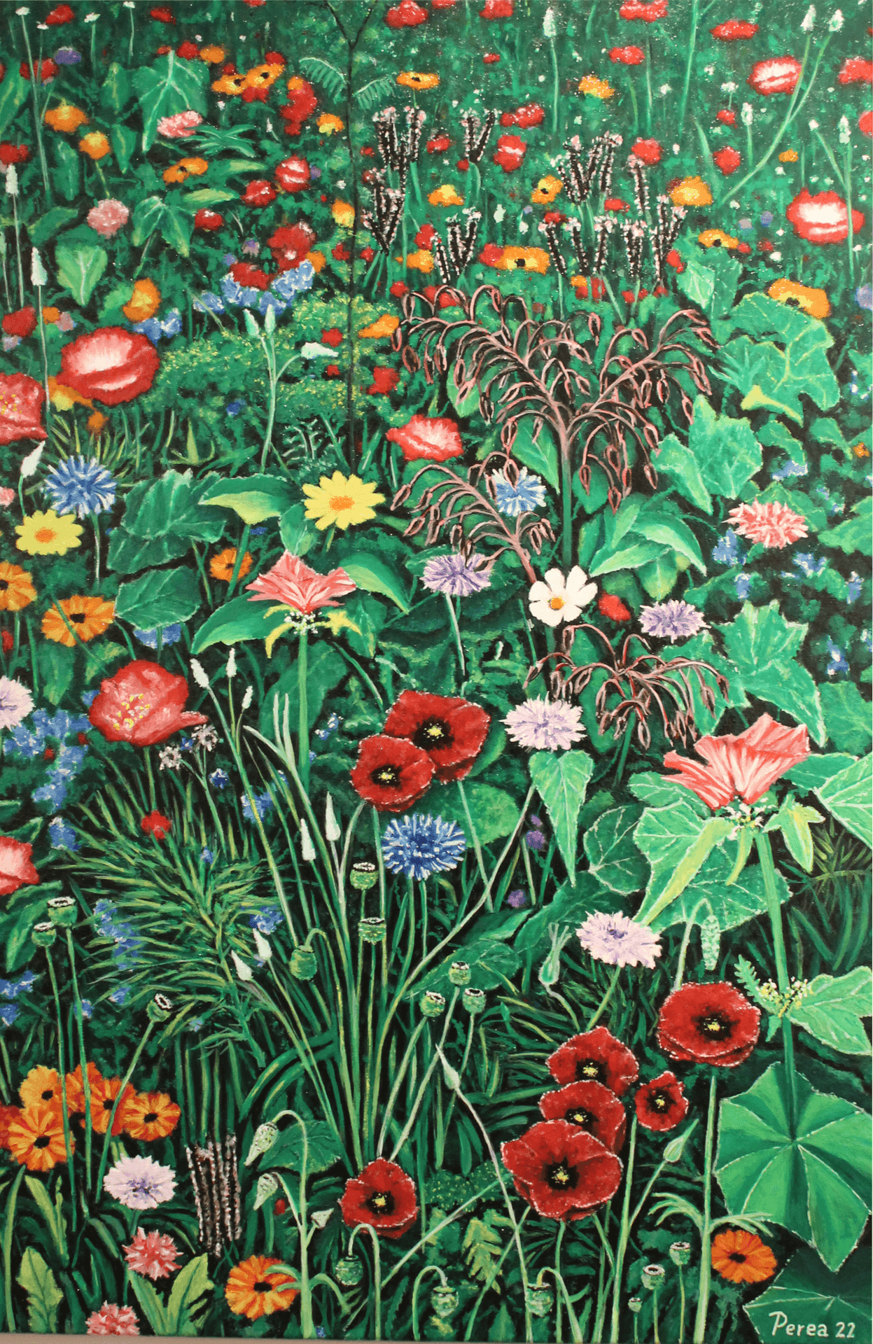 Vibrant painting of a lush garden filled with diverse colorful flowers and green foliage.