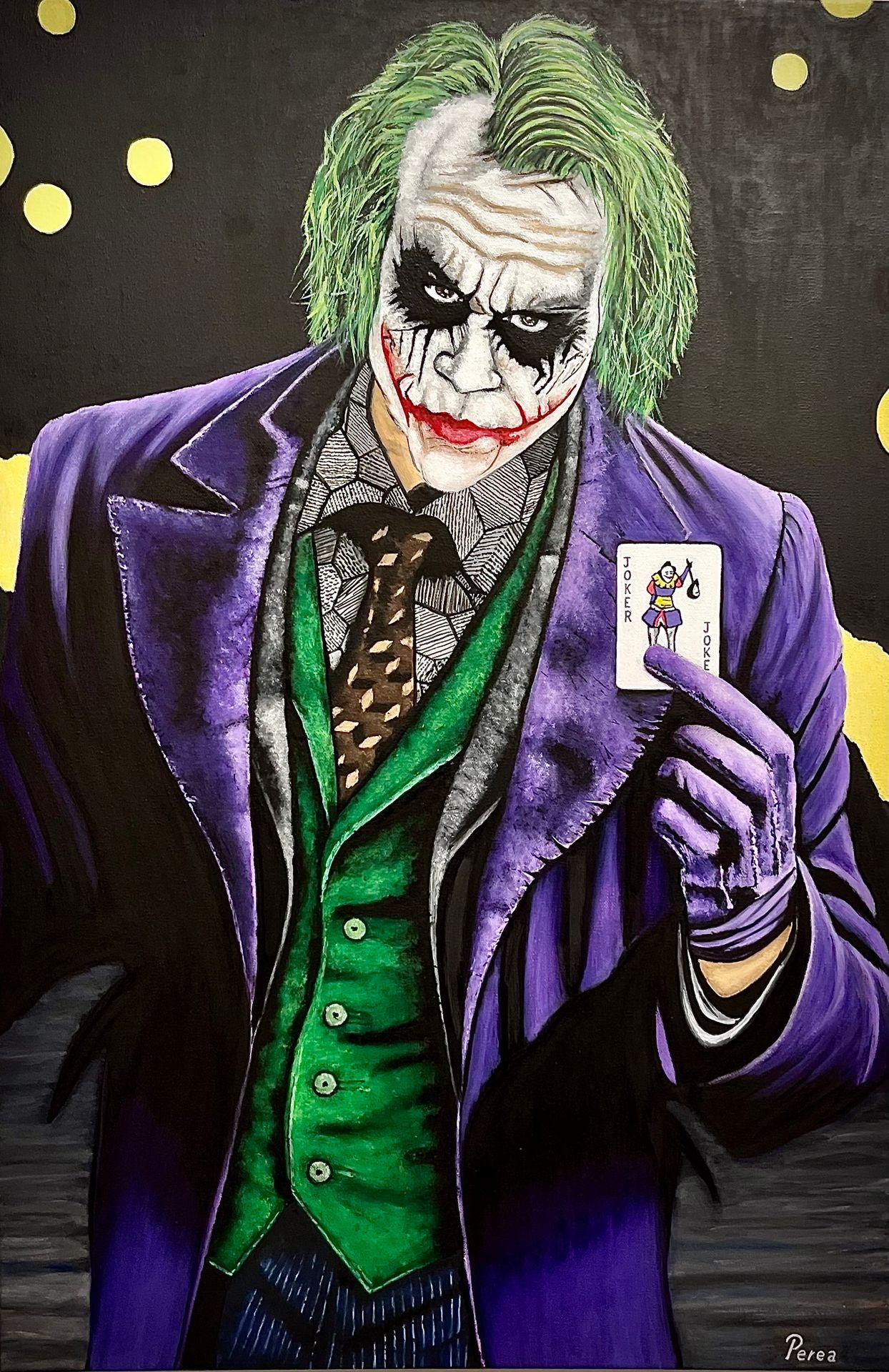 Illustration of a character in a purple suit with green hair holding a joker card.