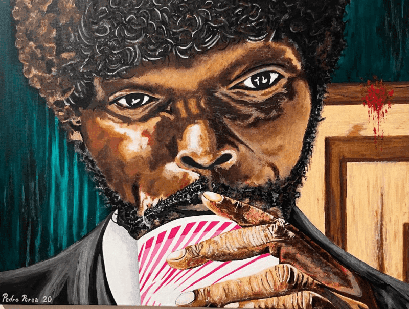Artistic portrait of a man sipping from a striped cup with a serious expression and textured hair.