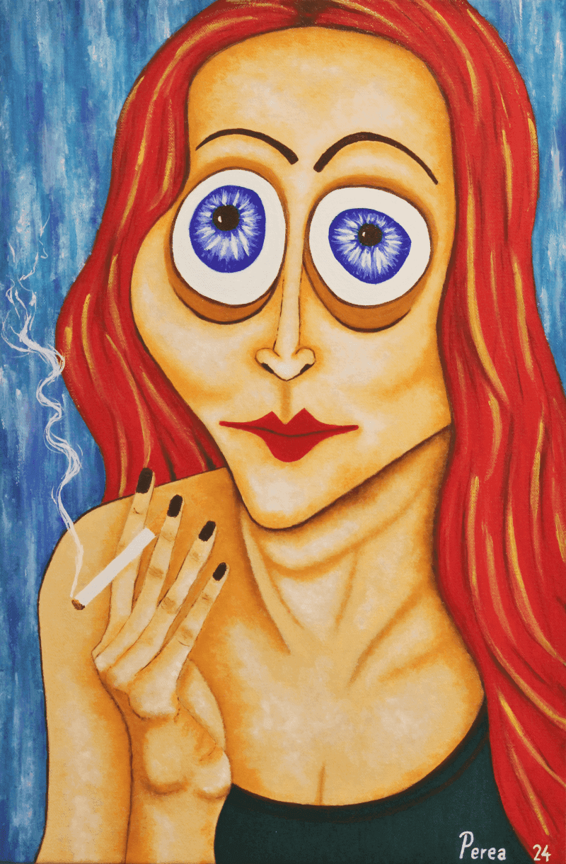 Abstract painting of a person with large eyes and red hair, holding a cigarette with smoke.