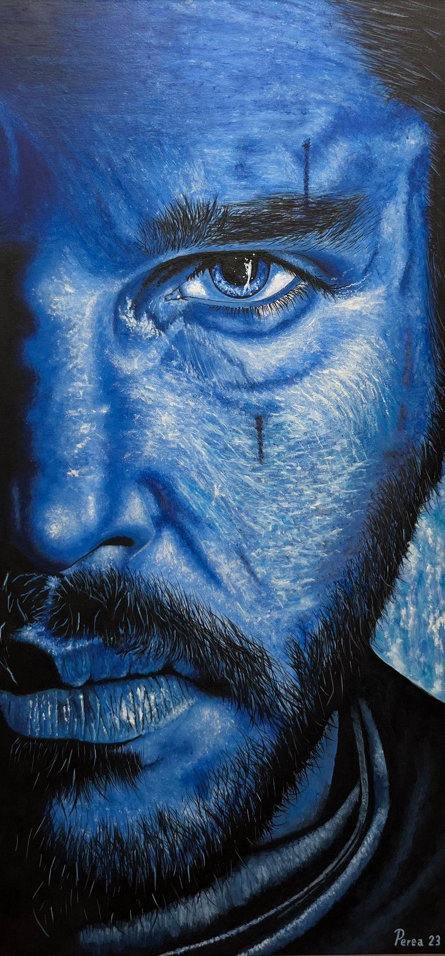 Abstract painting of a man's blue-tinted face with a focused gaze.