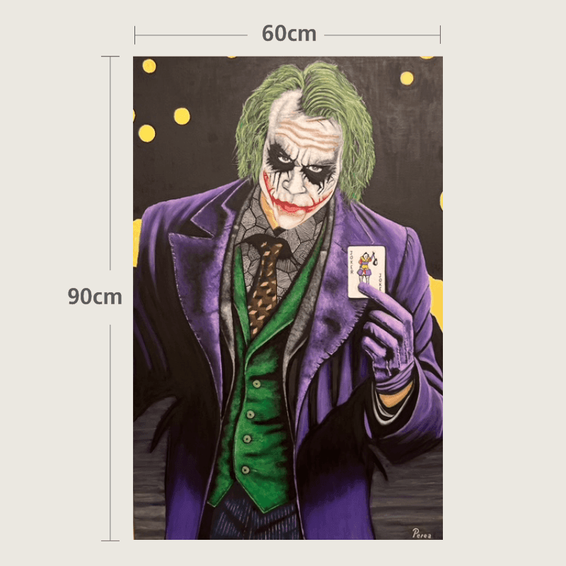Painting of a figure with green hair and purple suit holding a joker card, with dimensions indicated.