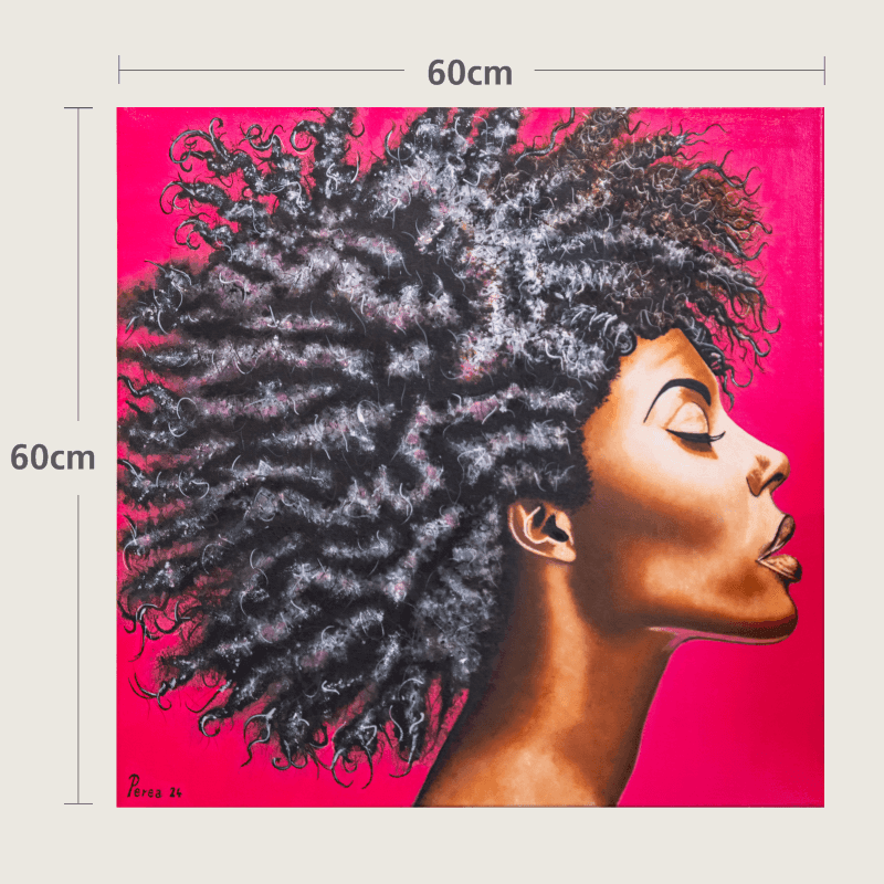 Painting of a woman with curly hair and closed eyes on a vibrant pink background.