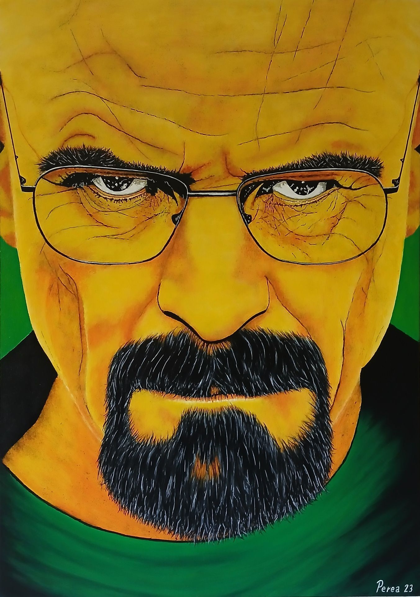 Illustrated portrait of a bald man with glasses and a beard against a green background.