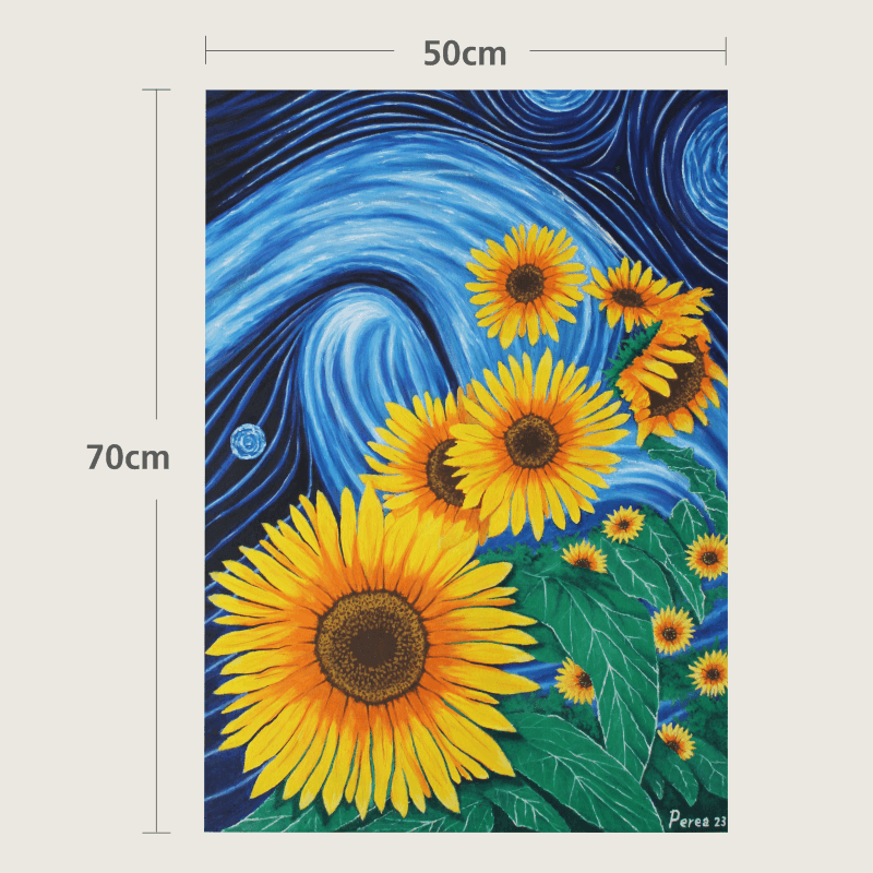 Abstract painting of sunflowers with swirling blue background, measuring 50cm by 70cm.