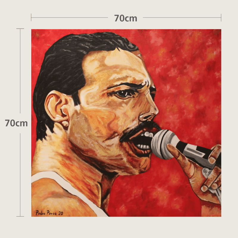 Colorful portrait painting of a man singing into a microphone on a red background.