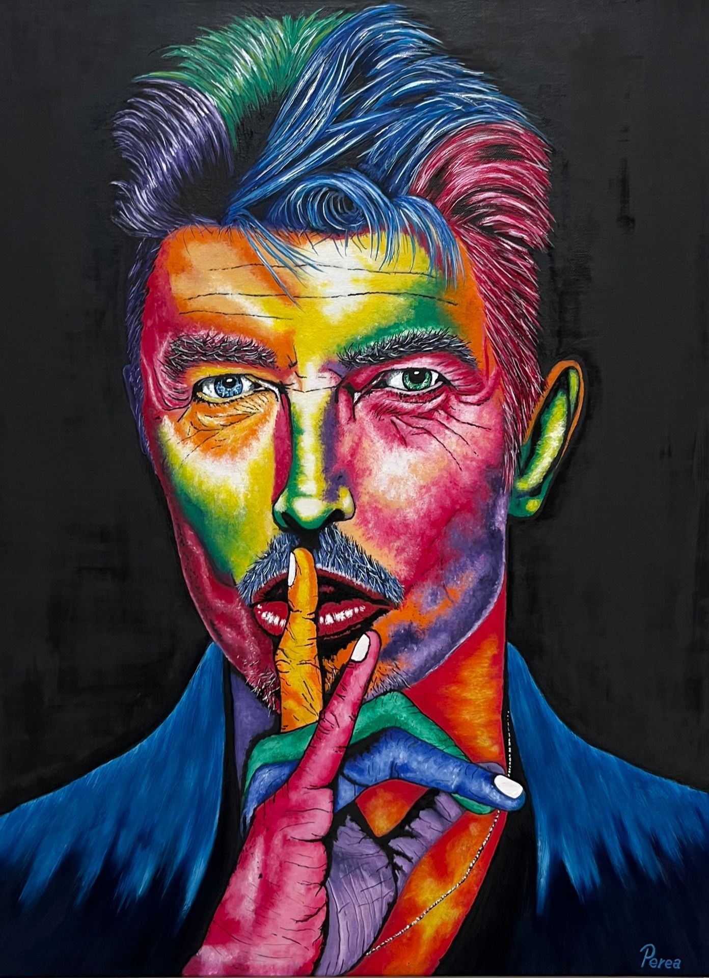 Colorful abstract portrait of a person with a finger over their lips on a dark background.