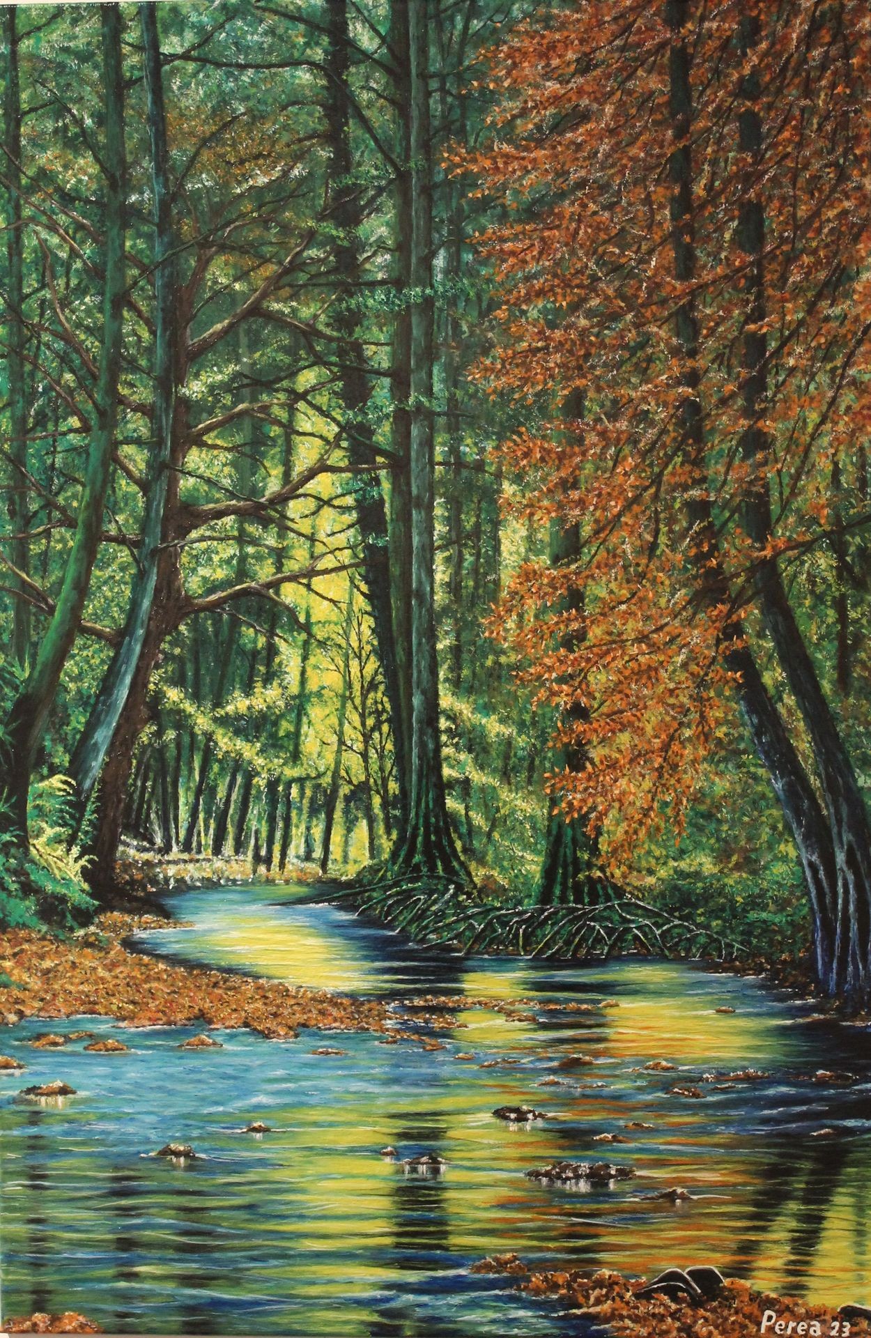 Colorful forest landscape with a tranquil river reflecting autumn foliage and sunlight filtering through trees.