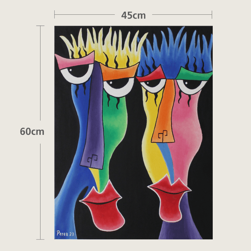 Colorful abstract painting of two faces with exaggerated features and vivid hues against a black background.