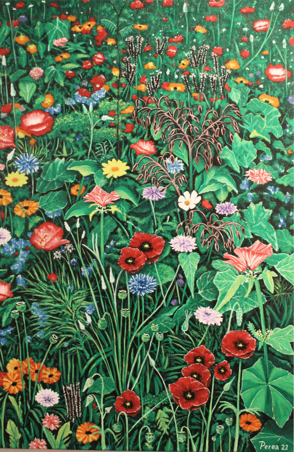 Vibrant painting of a diverse garden with various colorful flowers and green foliage.