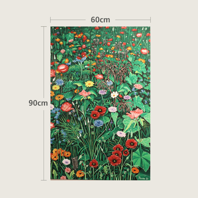 Colorful wildflower garden painting with measurements, vibrant blooms in various shades on a green background.