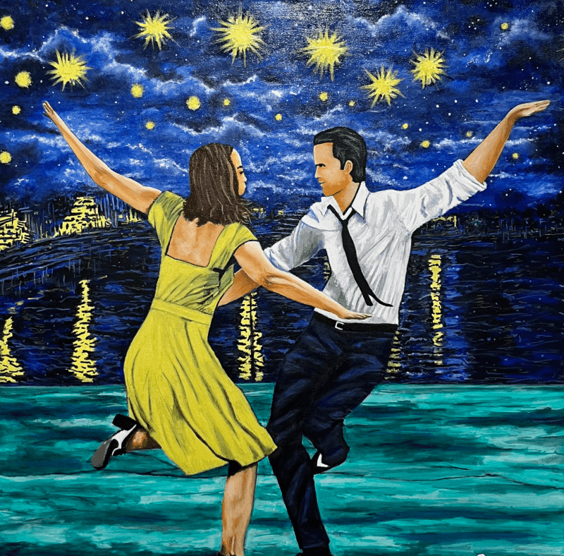 Couple dancing under a starry night sky, city lights reflecting on water.