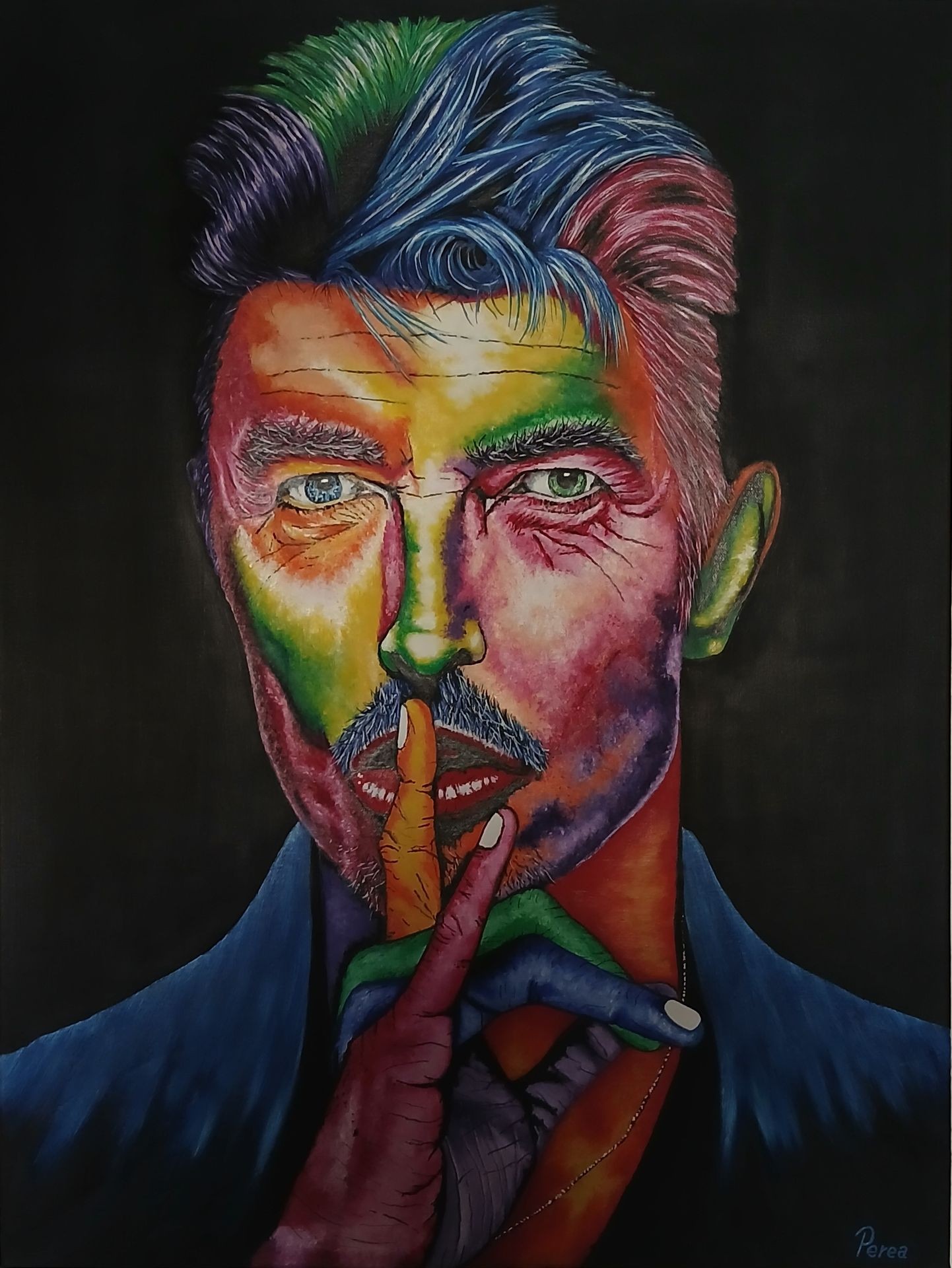 Colorful painted portrait of a man with a finger over his lips, symbolizing silence.