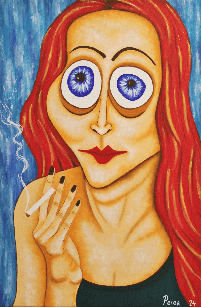 Painting of a woman with large eyes, red hair, holding a cigarette against a blue background.