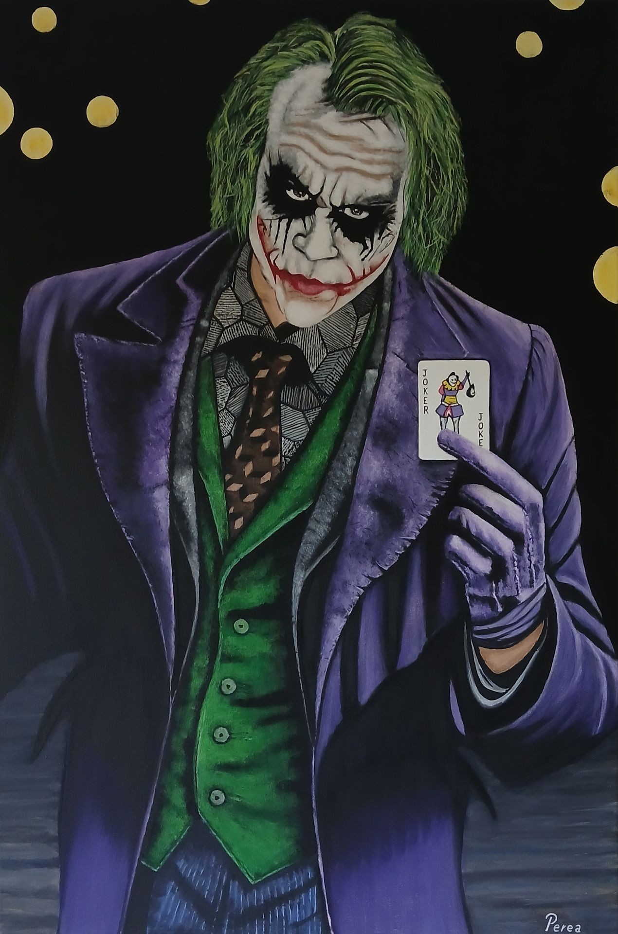 Illustrated character with green hair and clown makeup holding a Joker card, wearing a purple jacket.