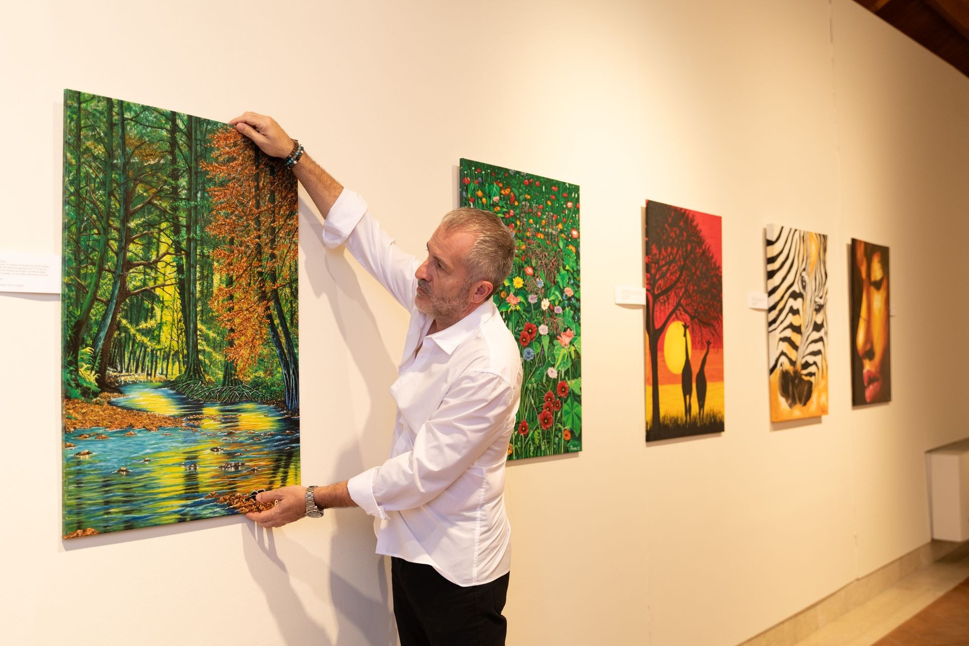 Man in a gallery adjusting a colorful landscape painting on a wall with other artworks displayed.