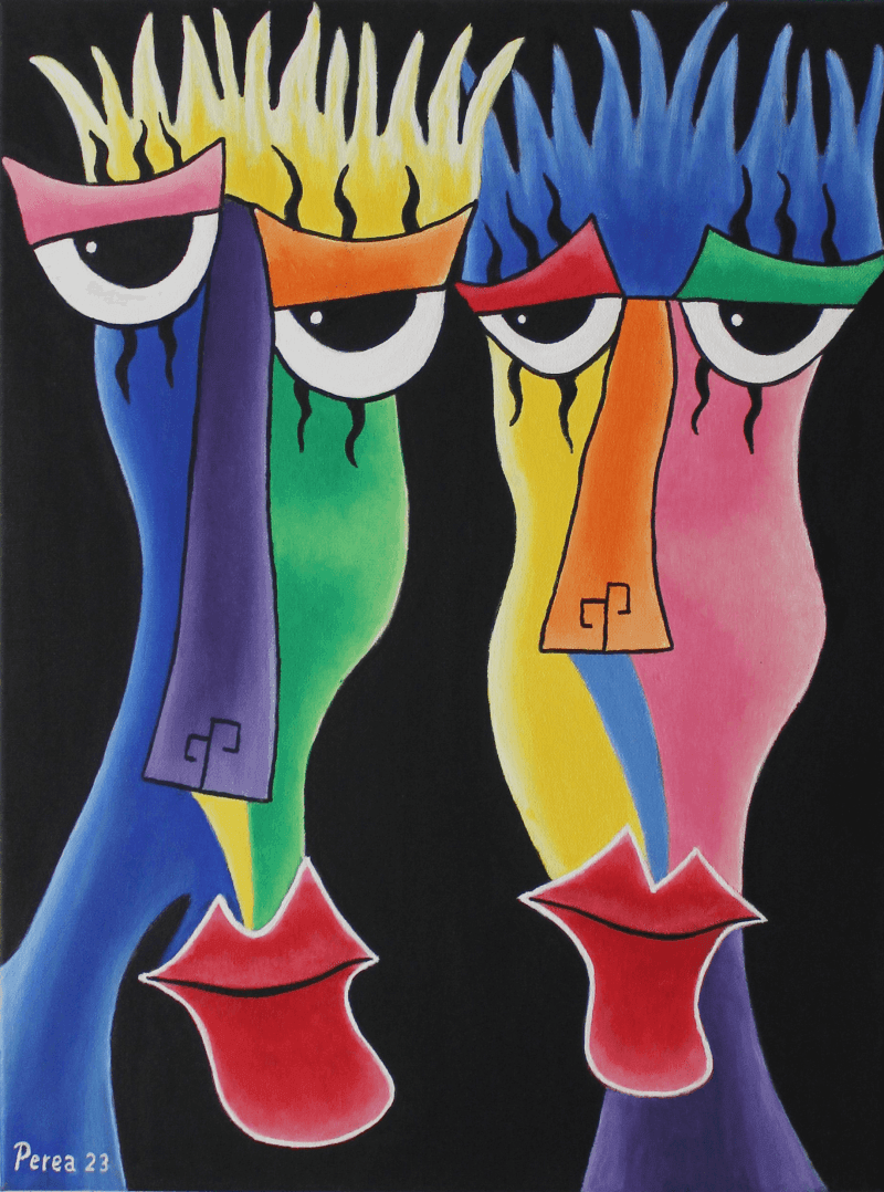 Abstract colorful painting of two faces with exaggerated features, painted in vibrant hues against a black background.