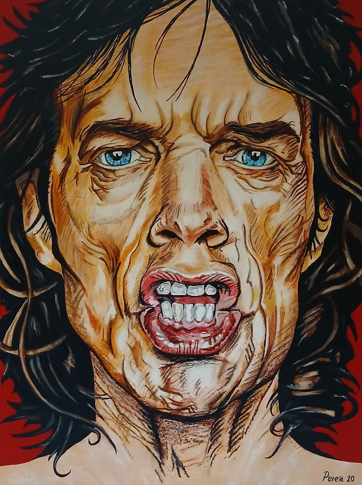 Artwork depicting a person with expressive eyes and mouth, showing intense emotion against a red background.